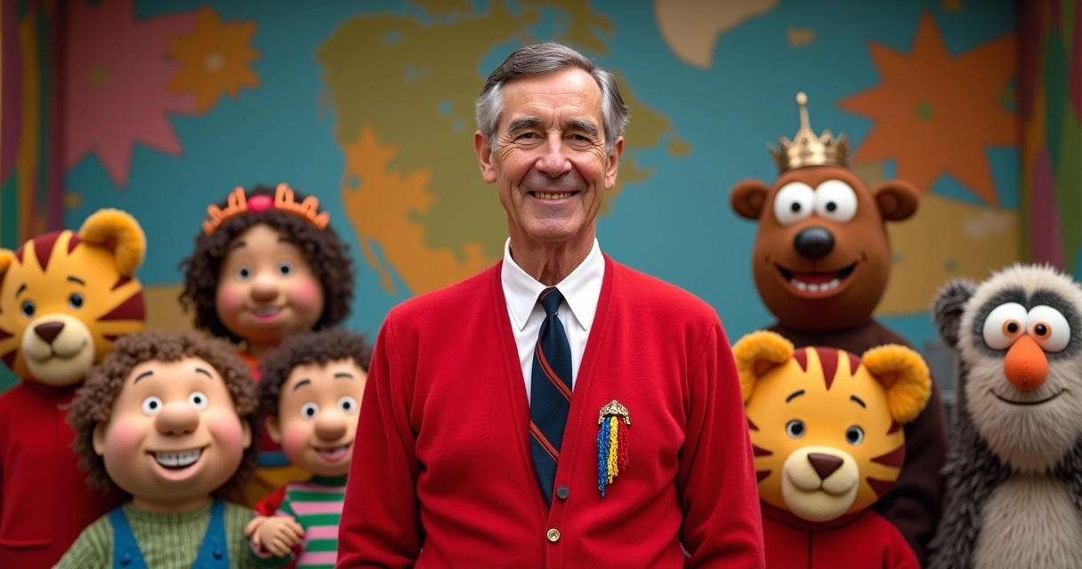 Cenário do bairro de Mister Rogers com mural colorido e personagens sorrindo ao fundo 