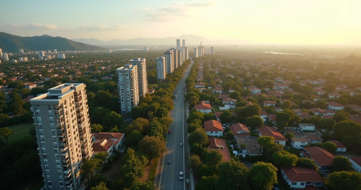 Vista aérea de bairro moderno com edifícios e casas arborizadas 
