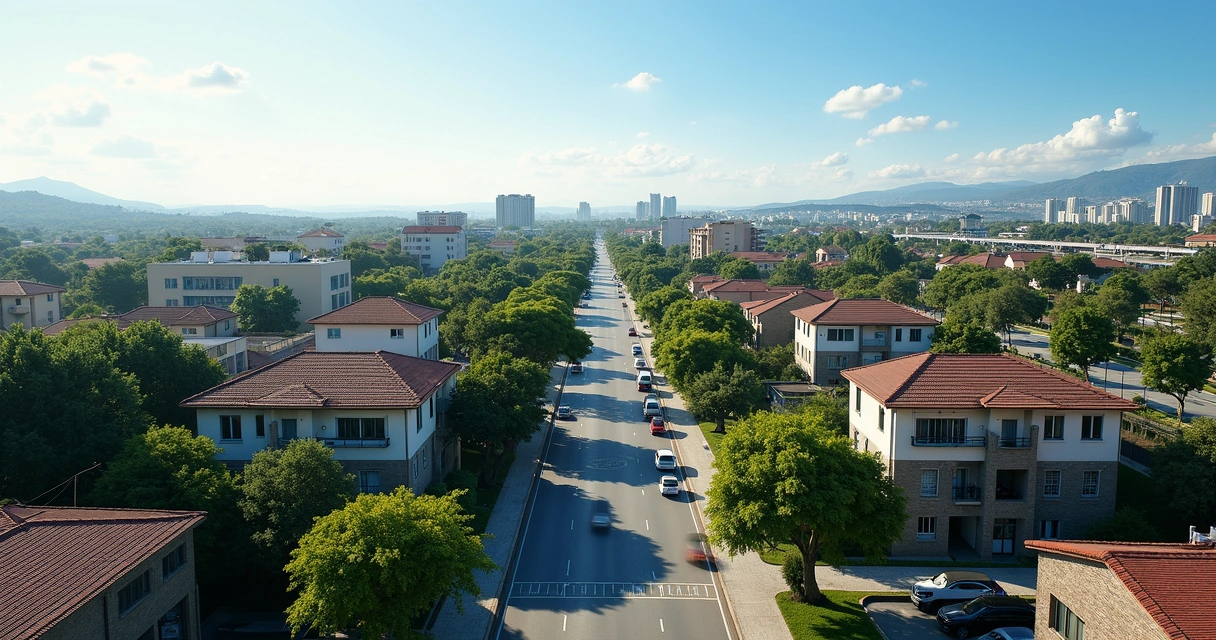Vista aérea de um bairro moderno em Paulínia com ruas arborizadas e edifícios residenciais e comerciais 