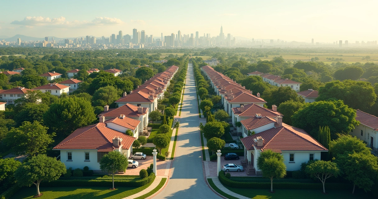 Vista aérea de bairro residencial nobre com casas e áreas verdes 