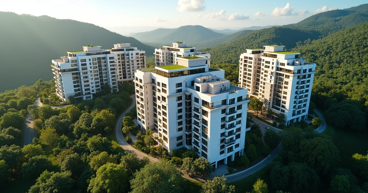 Vista aérea de condomínios residenciais em Nova Lima cercados por áreas verdes 