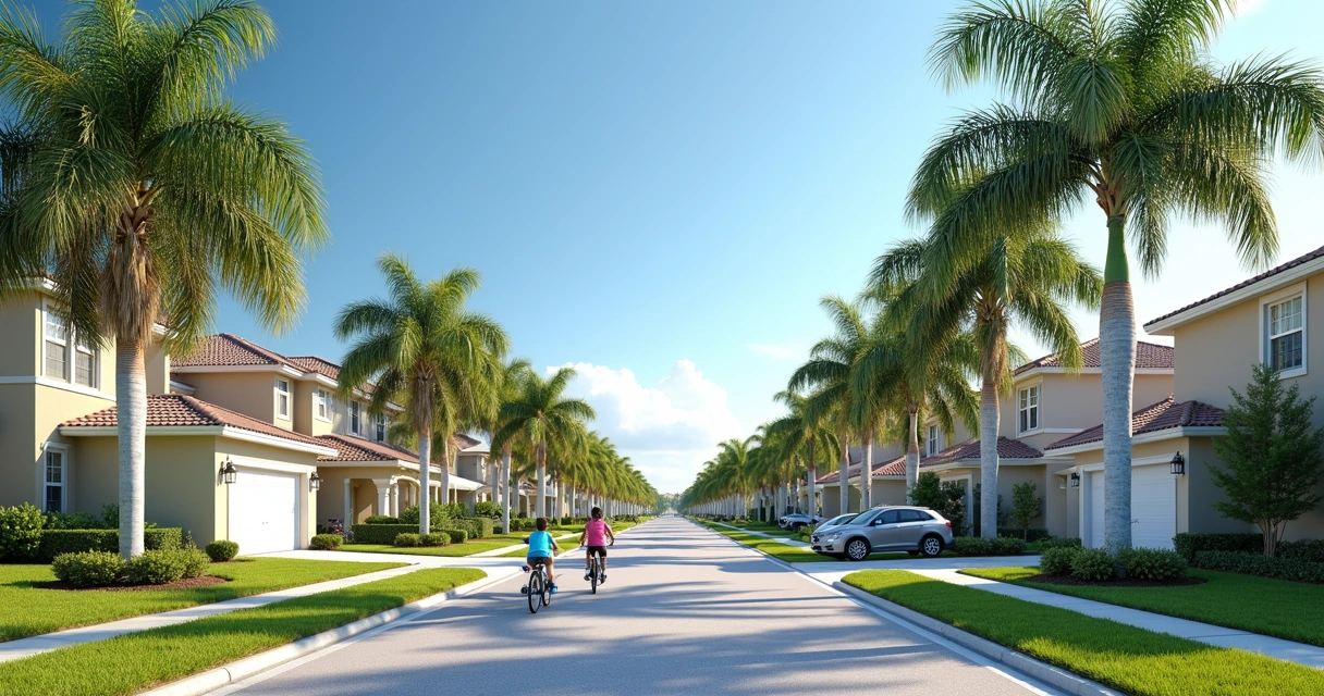 Rua de bairro moderno e seguro em Orlando com casas amplas 