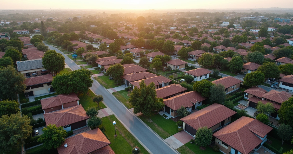 Vista aérea do bairro Parque Brasil 500 em Paulínia, com casas unifamiliares e áreas verdes. 
