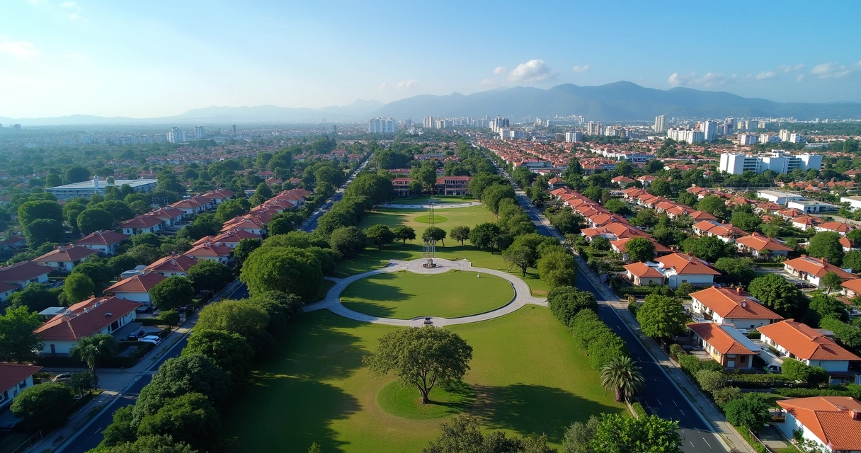 Vista aérea do bairro Parque Prado em Campinas com ruas arborizadas, casas residenciais e áreas verdes 
