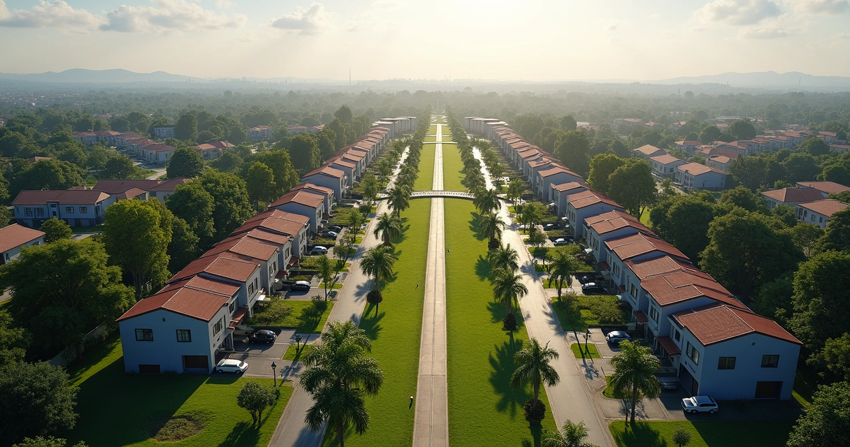 Vista aérea de bairro planejado em Campinas com ruas organizadas, casas modernas, áreas verdes e calçadas amplas 