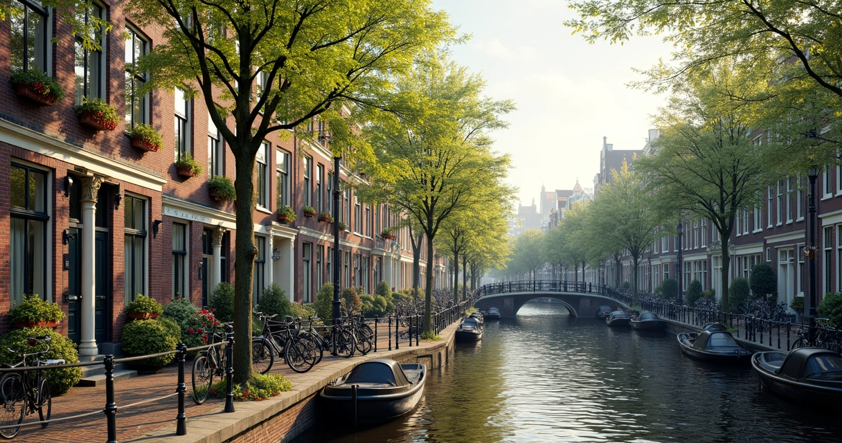 Rua residencial em Amsterdã com casas tradicionais e canal ao fundo 
