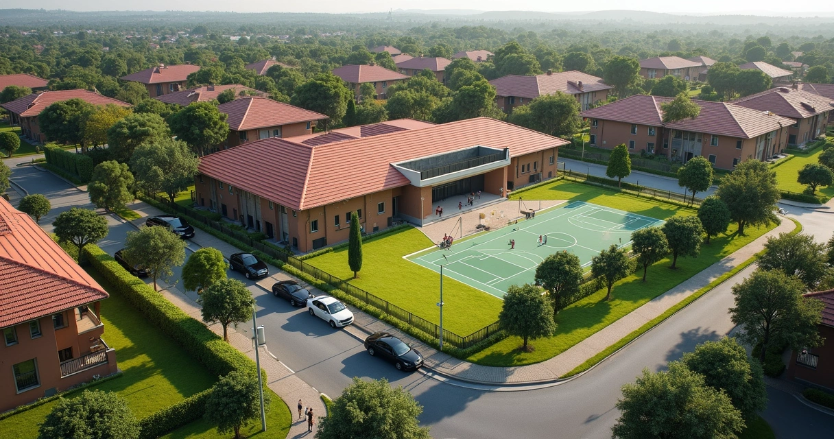 Vista aérea de bairro residencial com escola em Paulínia 