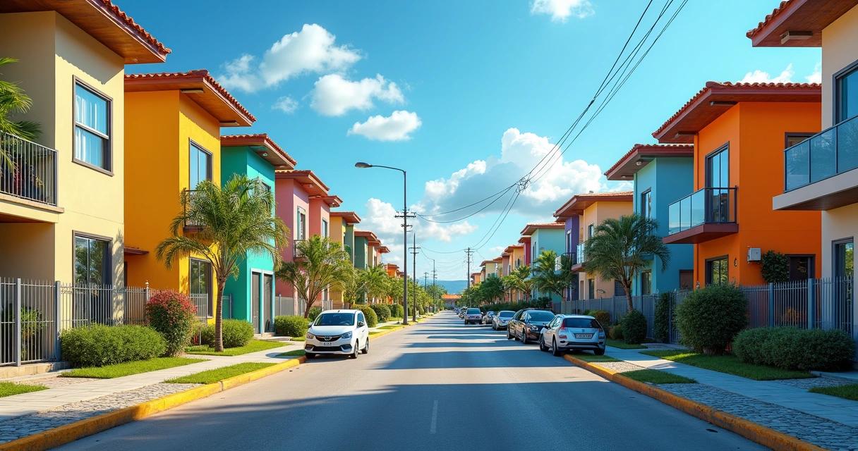 Rua com casas residenciais pintadas de cores diferentes 
