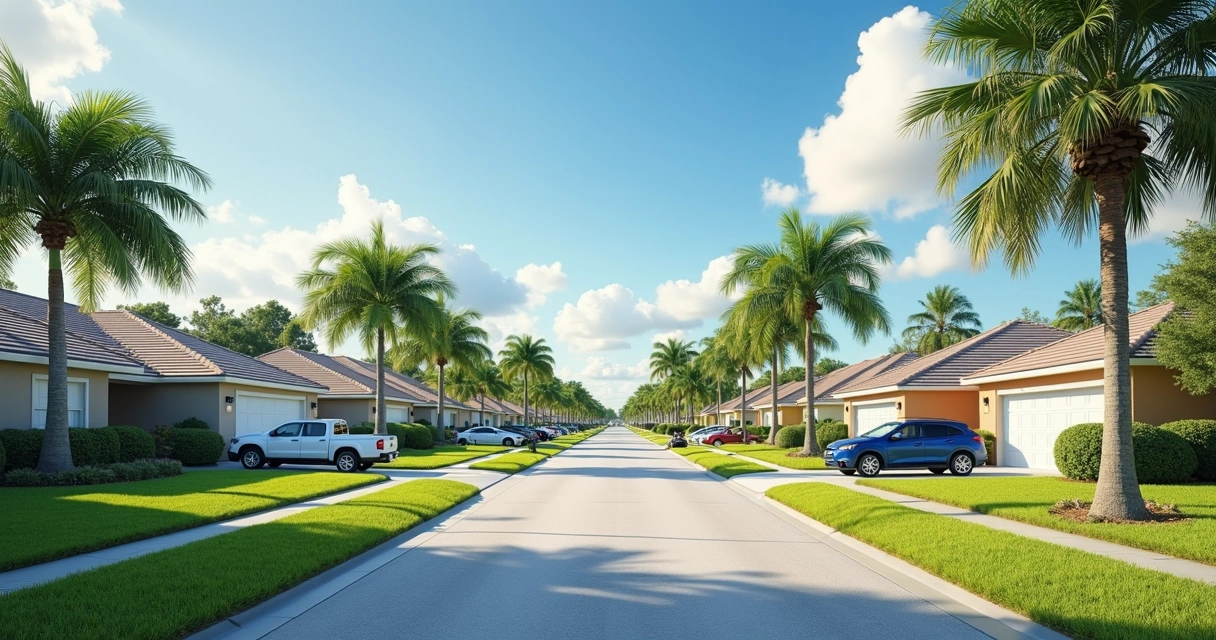 Rua tranquila em bairro residencial de Orlando com casas com jardim 