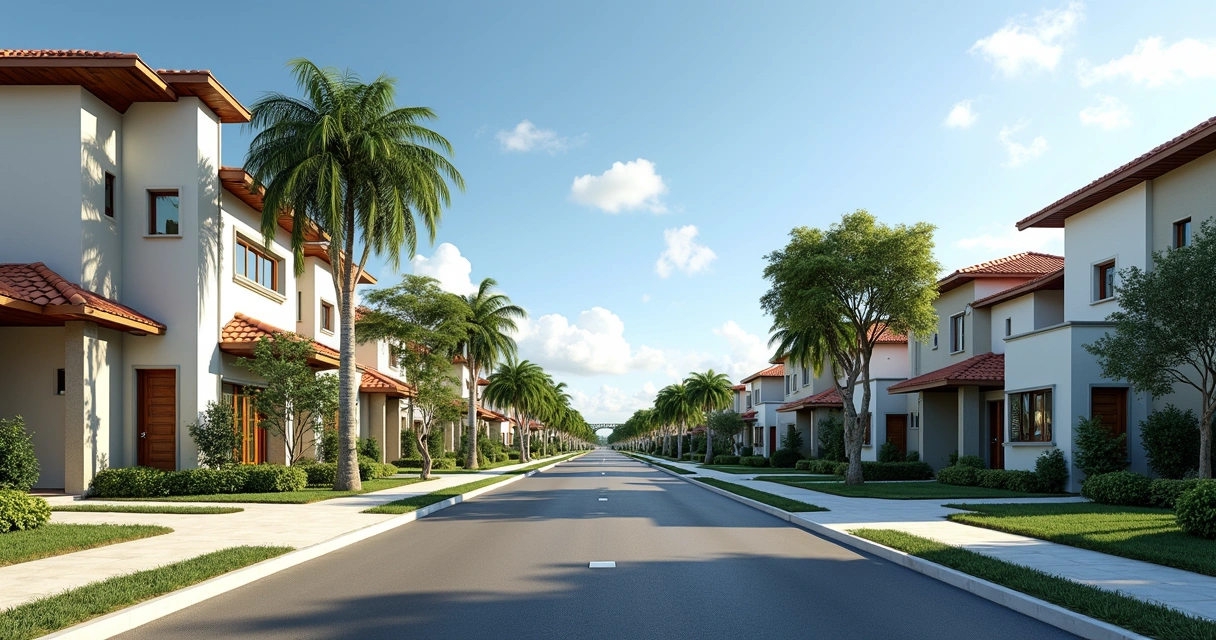 Rua tranquila de bairro residencial em Paulínia com casas modernas, árvores e céu limpo 