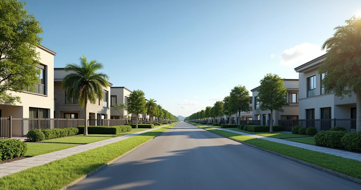 Vista panorâmica de bairro residencial moderno em Paulínia com casas e apartamentos em ruas arborizadas 