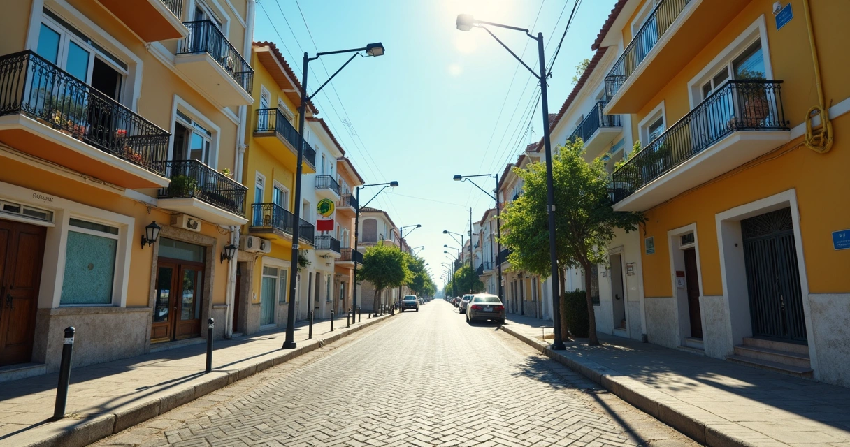 Rua de bairro residencial com iluminação pública e prédios bem conservados 