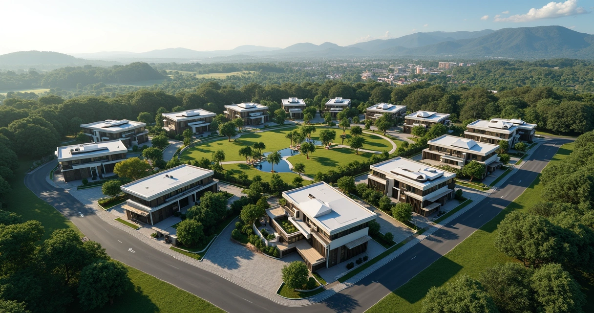 Vista aérea de casas de alto padrão no bairro Swiss Park em Paulínia, com ruas largas e áreas verdes ao redor. 
