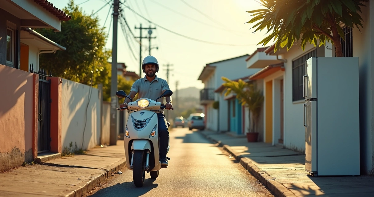 Técnico de geladeira chegando de moto em rua de bairro residencial 