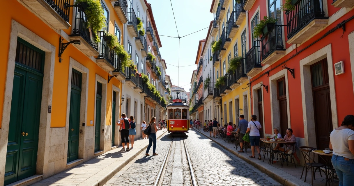 Rua de bairro turístico com turistas e morador local em Lisboa 