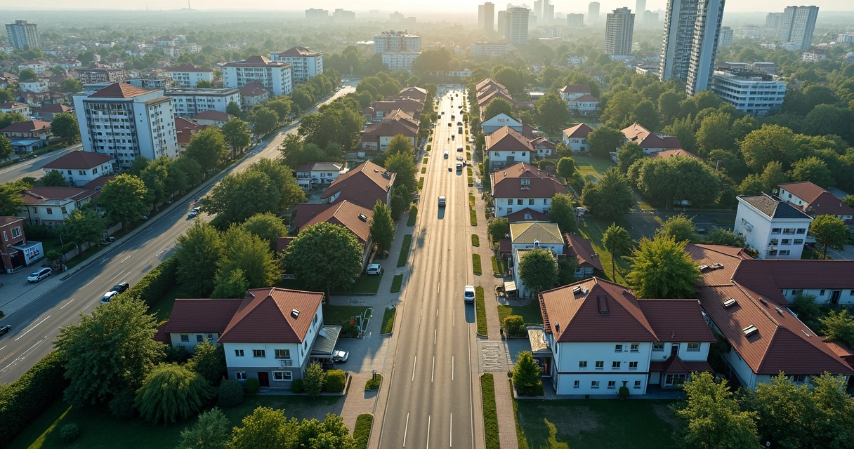 Vista aérea de bairro com infraestrutura e áreas verdes 