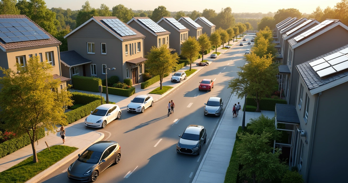 Bairro residencial com carros elétricos e telhados solares 