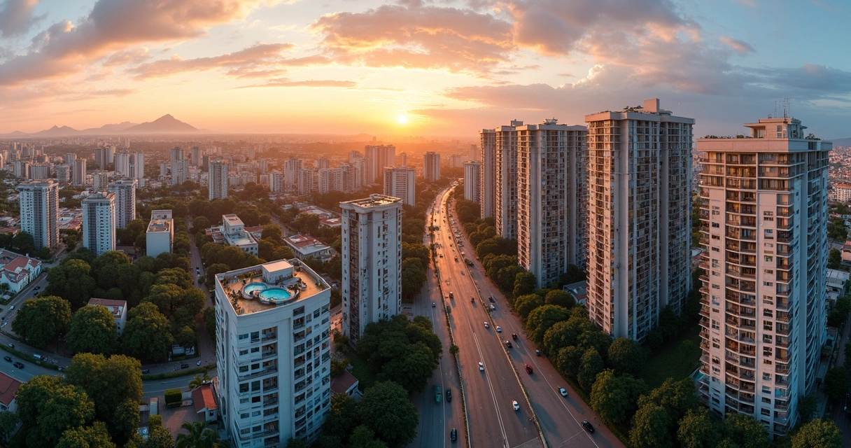 Linha do horizonte de Belo Horizonte com mistura de prédios residenciais e comerciais ao entardecer 