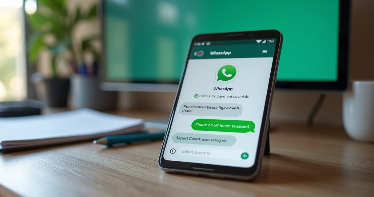 Tela de smartphone mostrando mensagem de WhatsApp com comprovante de Pix e sistema automatizado realizando a baixa. 