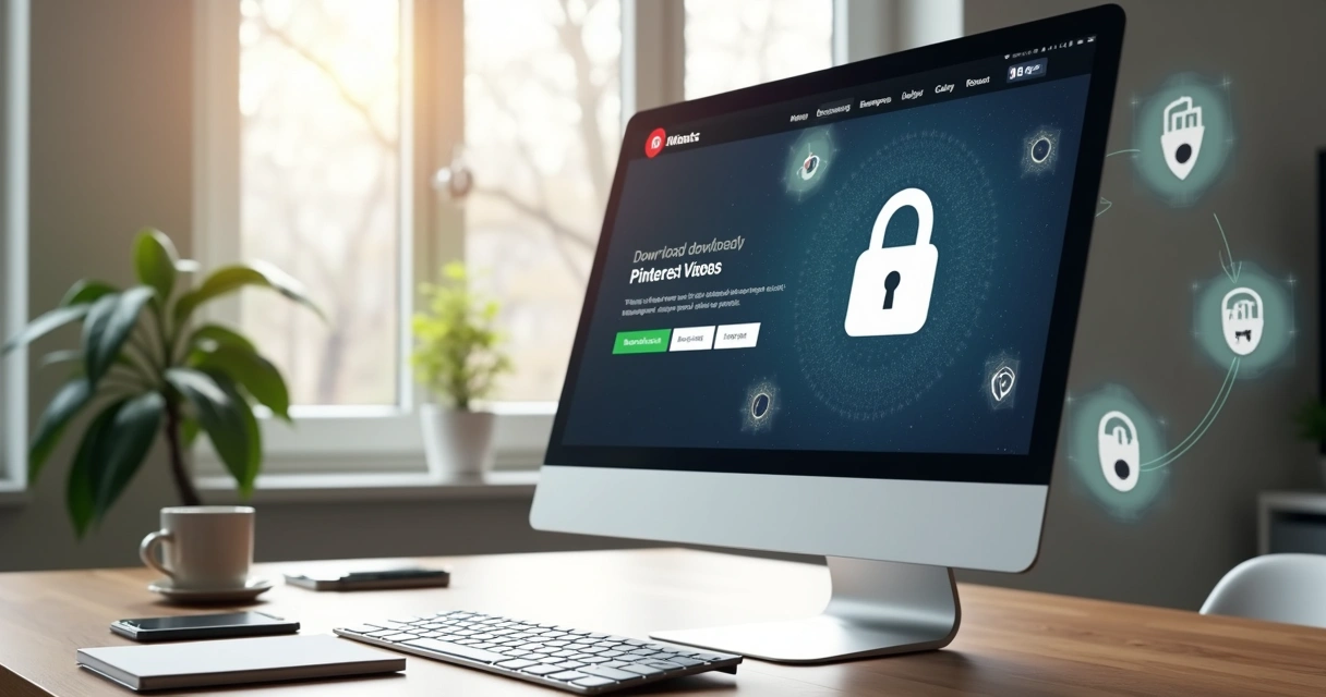 Tela de computador exibindo página para baixar vídeos do Pinterest com ícones de segurança digital e formatos de vídeo como MP4 e GIF 