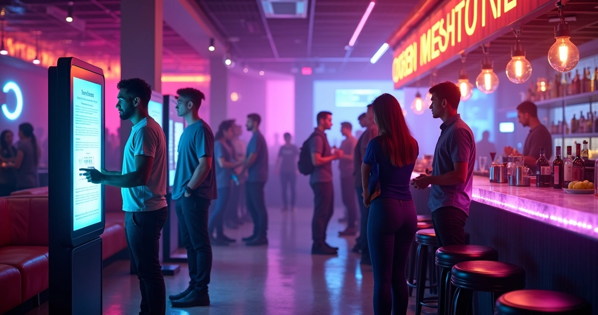 Pessoas usando totens de autoatendimento em uma casa noturna moderna 