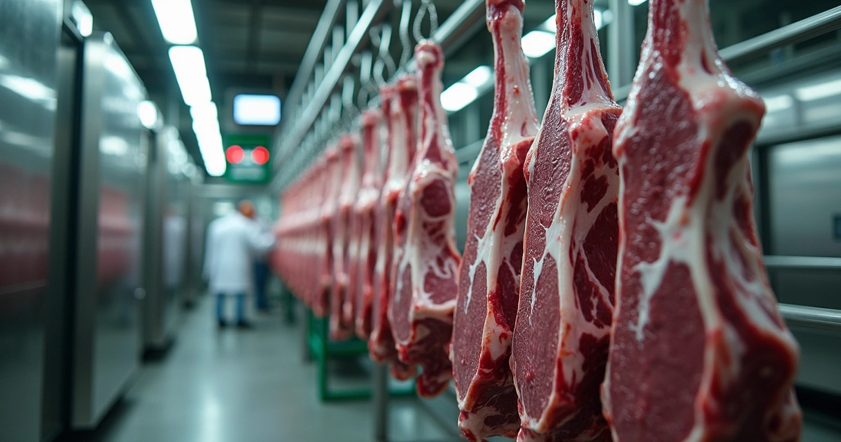 Carcaças de boi em frigorífico sendo pesadas 