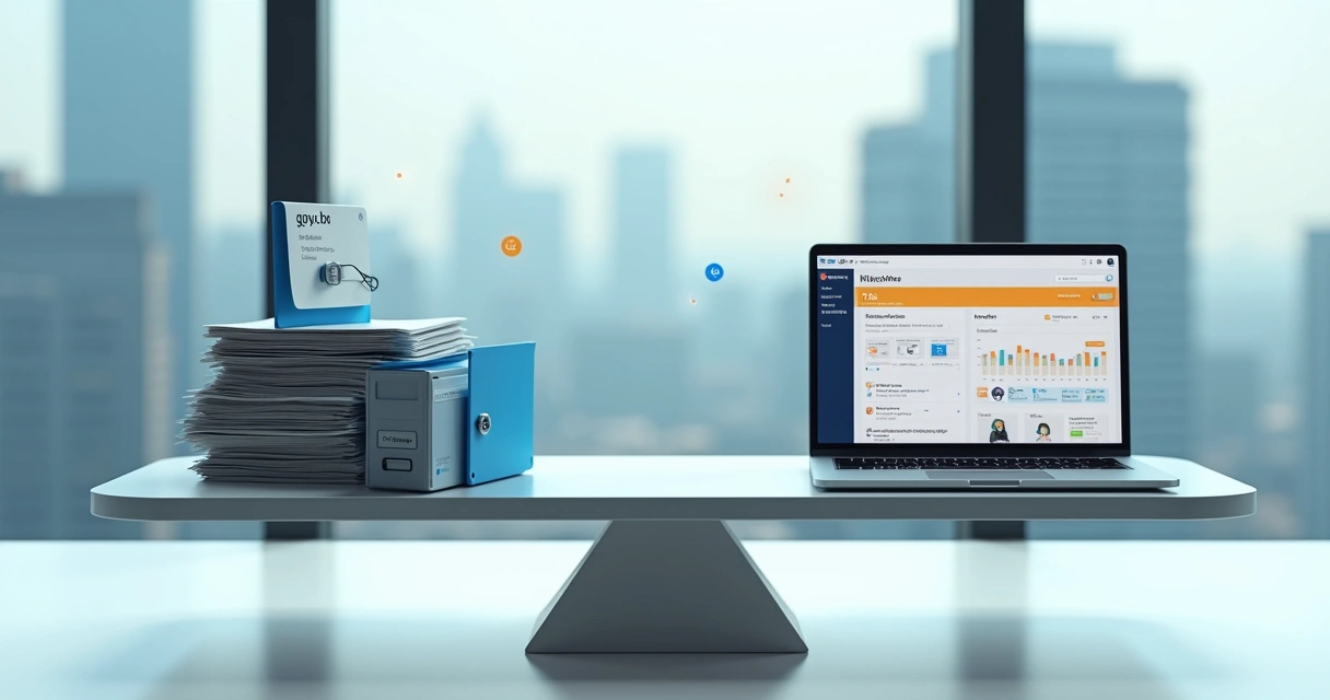 Balança digital comparando infraestrutura fiscal do governo e plataforma SaaS 