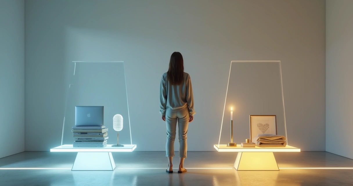 Pessoa em pé entre duas balanças luminosas, simbolizando autoconfiança e autovalorização 