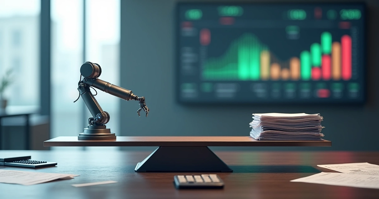 Balança com robô e documentos de finanças em lados opostos 