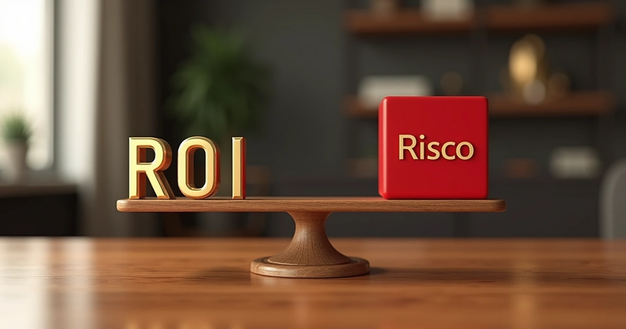 O que os números dizem sobre o futuro do LDR em 2026 5 Balança com ROI de um lado e risco do outro, equilibradas no centro