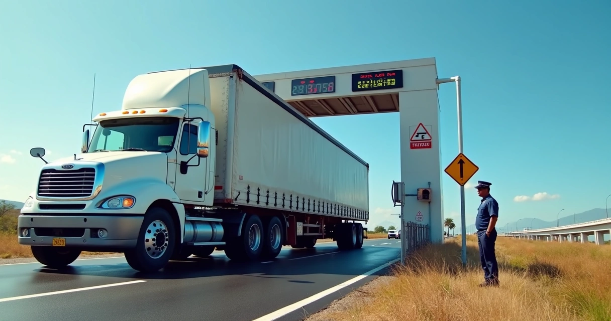 Balança rodoviária fiscaliza caminhão em pista de rodovia 