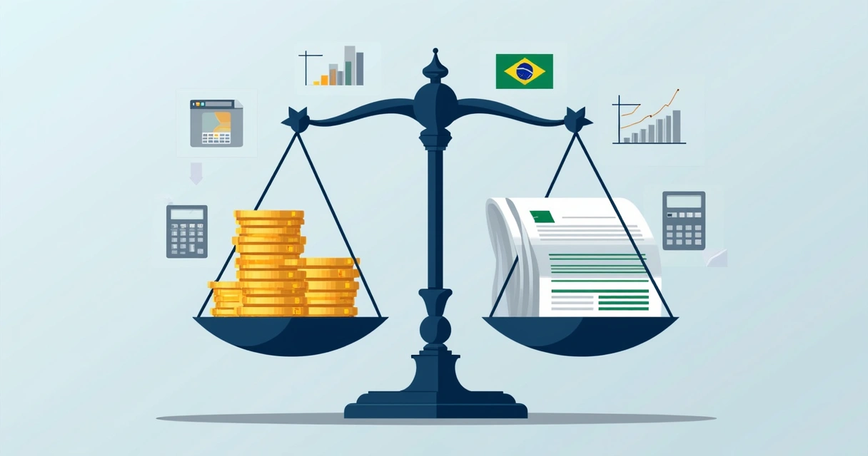 Balança com moedas de um lado e documentos fiscais do outro 