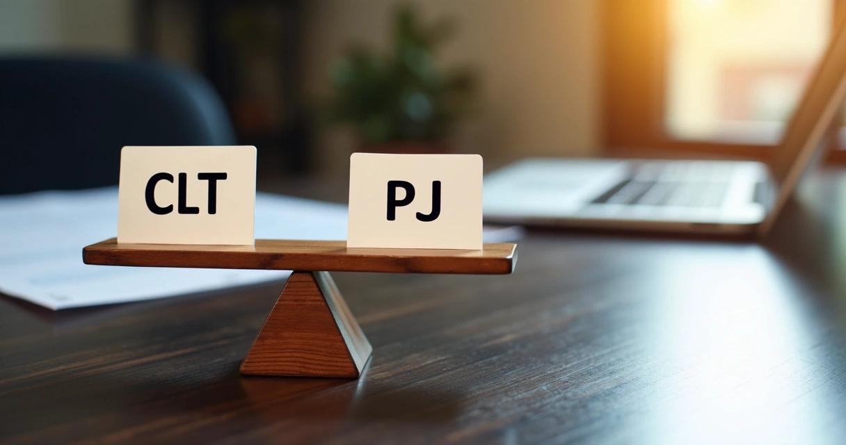 Balança de madeira equilibrando cartões com as letras CLT e PJ sobre uma mesa de escritório 