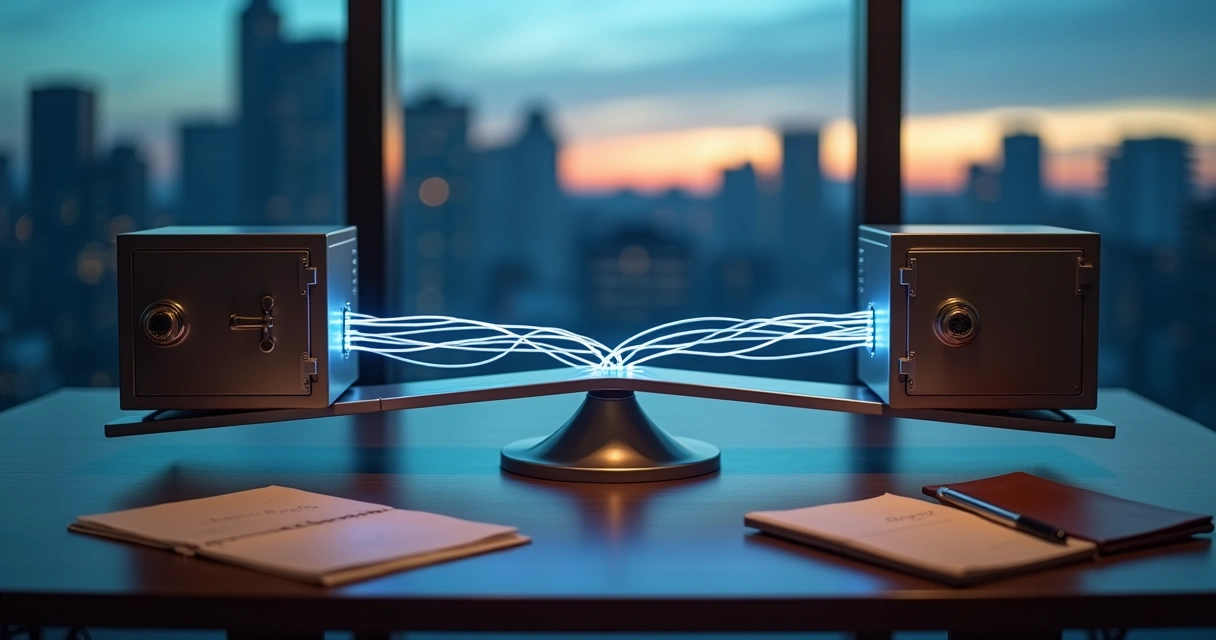 Dois cofres conectados por cabos de dados sobre uma balança iluminada 