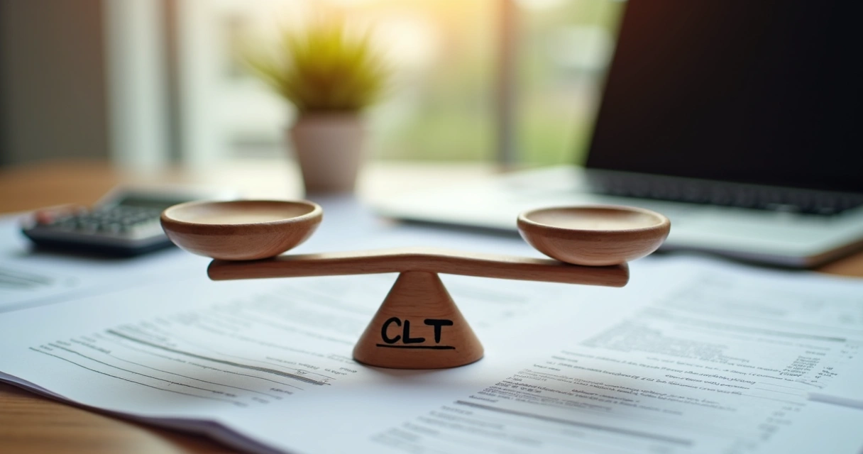 Balança equilibrando as palavras PJ e CLT com documentos de contrato ao fundo 