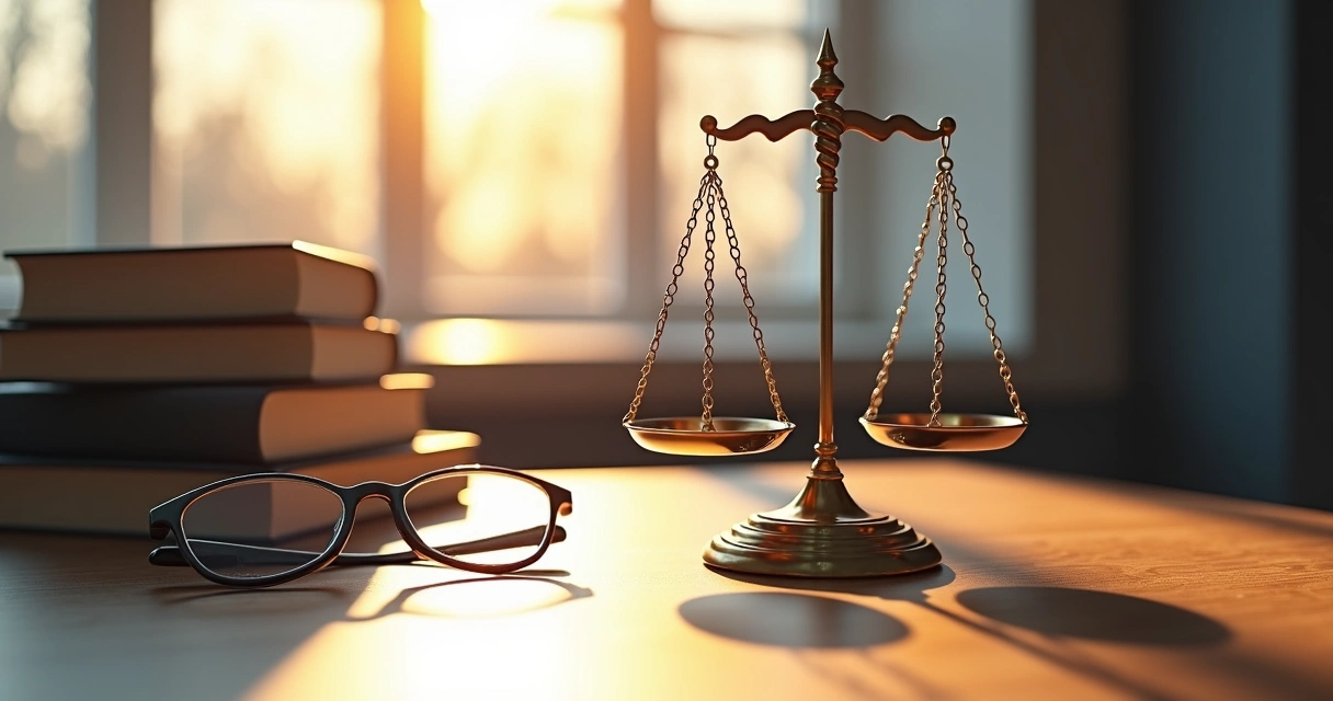 Balança da justiça com símbolo médico sobre a mesa de um escritório jurídico 