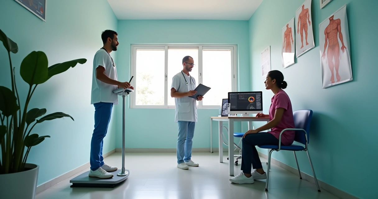 Pessoa sendo avaliada em consulta médica para medição de peso corporal 