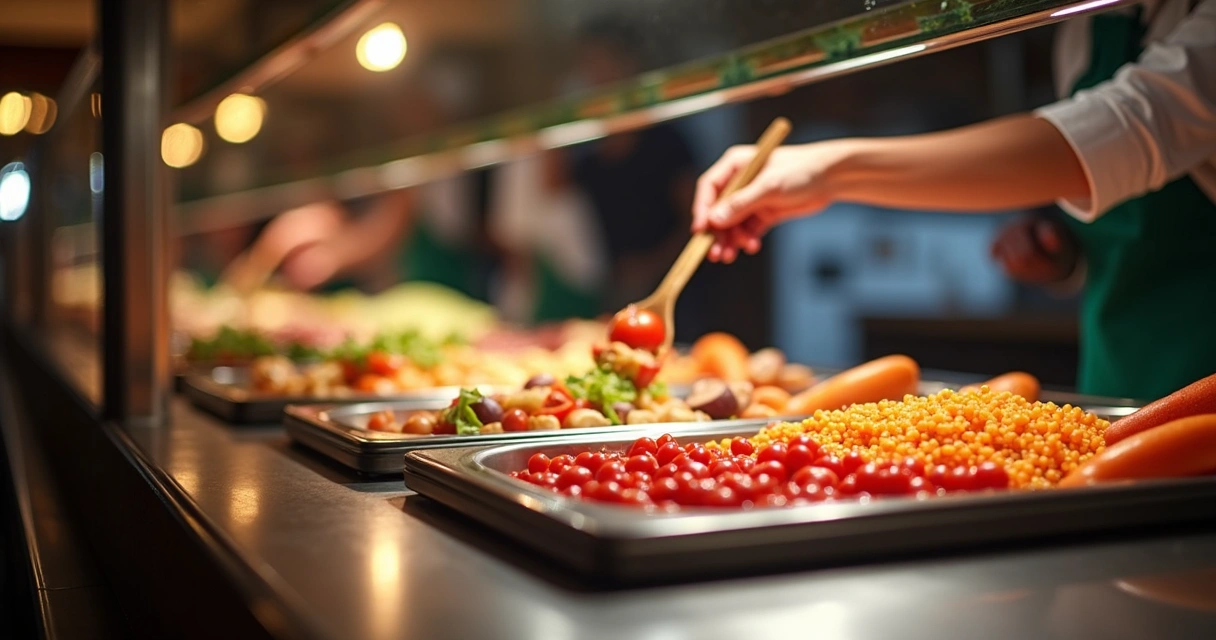 Balança digital em buffet self-service pesando prato de comida
