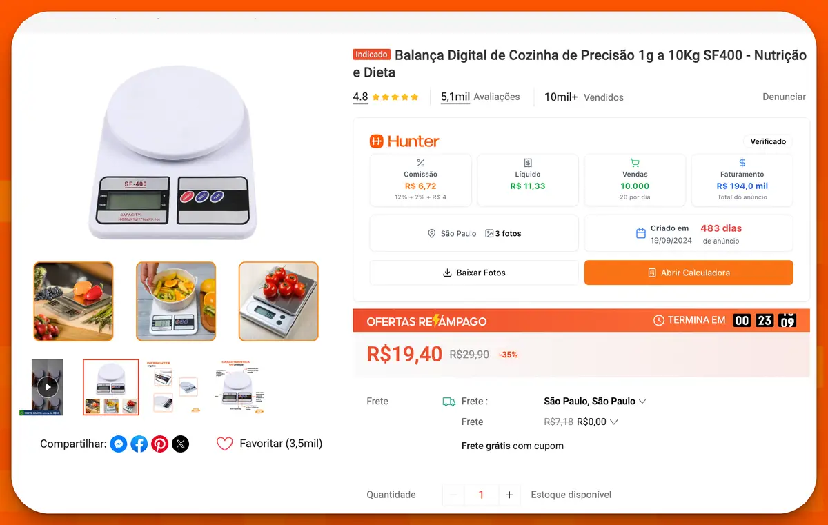 Página de venda da balança digital de cozinha SF400 com detalhes de preço, avaliações, vendas, e dados do Hunter sobre comissões e lucro líquido