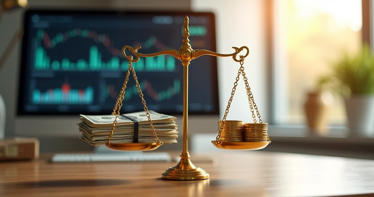 Balança equilibrando moedas de um lado e notas do outro em fundo desfocado de escritório 