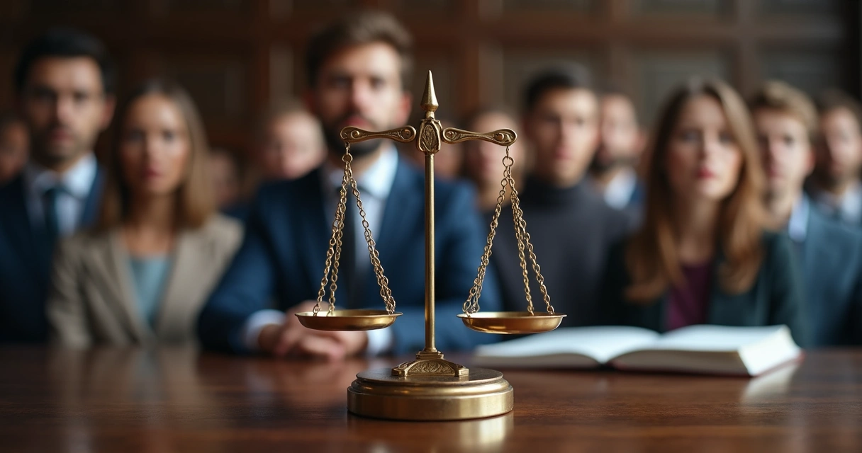 Balança da justiça com rostos desfocados ao fundo