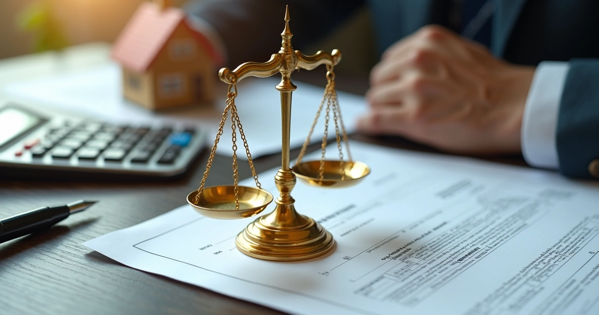 Balança dourada sobre documentos de imóvel e contratos em mesa de madeira escura 