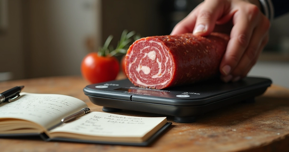 Mão pesando salame maturado em balança digital 