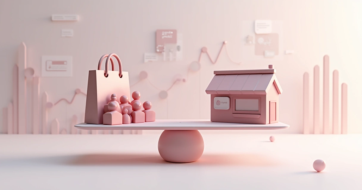Balança simbolizando marketplace e loja virtual em lados opostos, com elementos de comércio digital