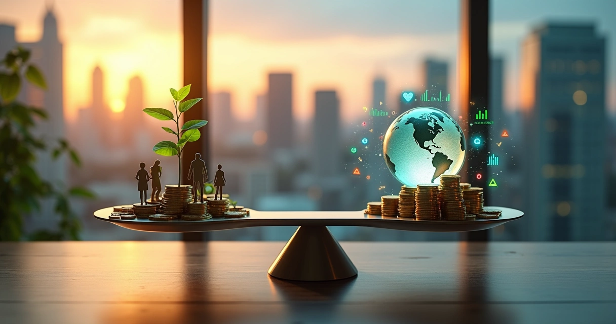 Balança comparando economia ética e lucro a qualquer custo em ambiente corporativo moderno 