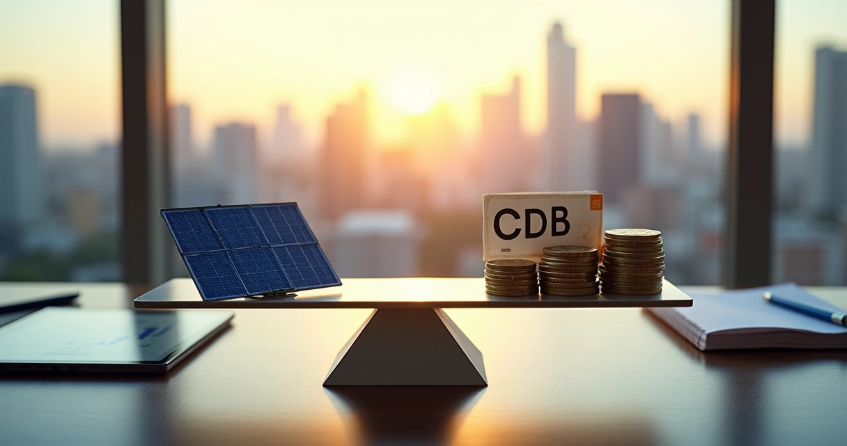 Balança comparando painel solar a moedas em cenário urbano moderno 