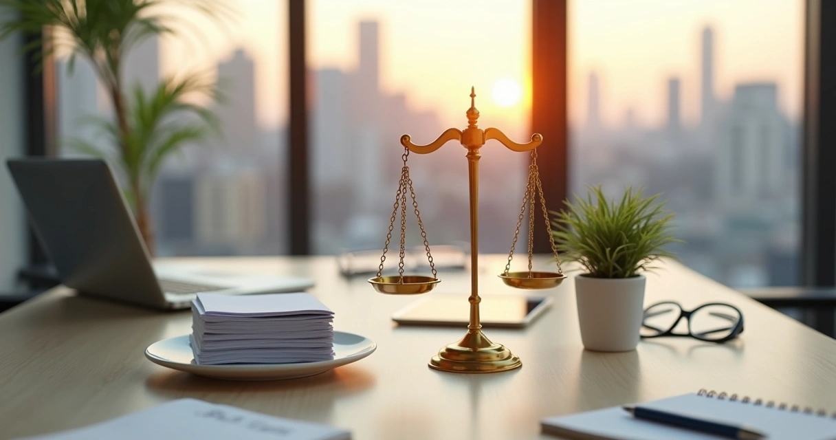 Balança de justiça dourada sobre mesa de escritório moderna 