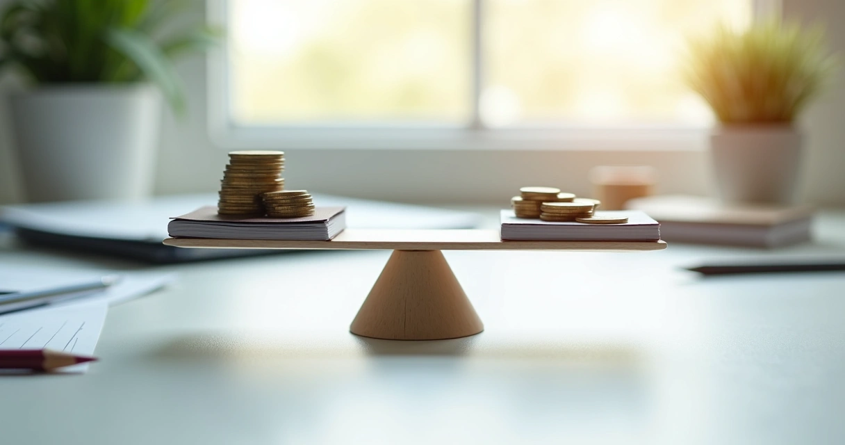 Balança com moedas e bloco de notas em equilíbrio