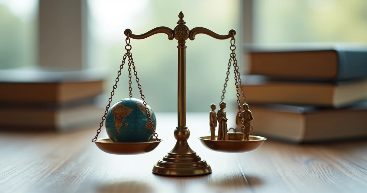 Balança com globo e símbolos de justiça