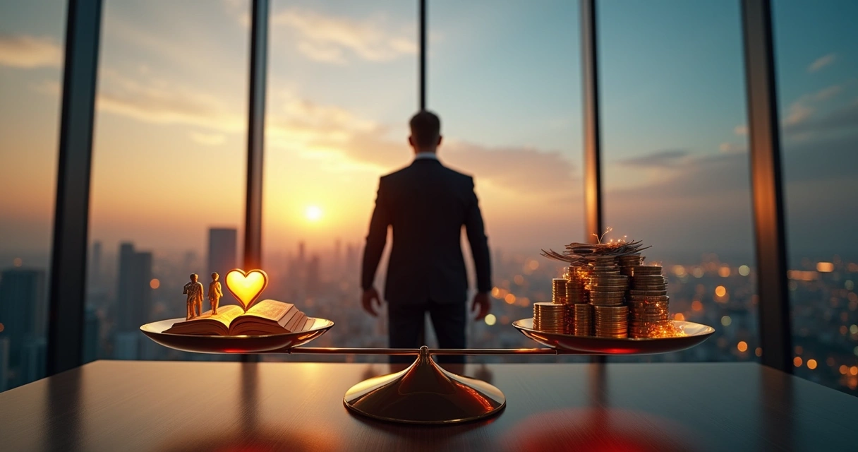 Executivo diante de balança que contrasta ética e lucro em ambiente corporativo 